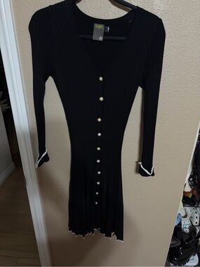 Taylor Black Ribbed Long-Sleeve Button-Front Dress with White Trim